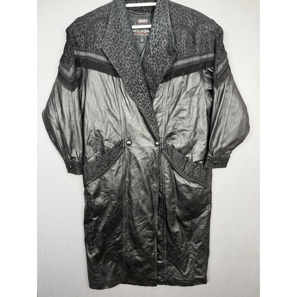 Vintage Wilsons Black Leather Trench Coat Womens Large L Insulated Suede 90s Y2K
